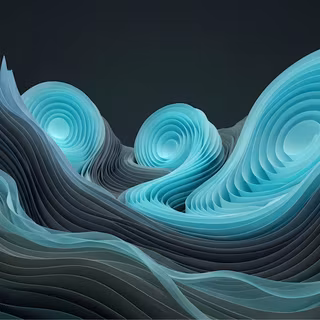 Cyan Topographic Paper Waves - A moody 3D abstract artwork featuring layered paper-like ridges and swirling topographic waves in deep charcoal grey and glowing cyan tones against a dark backdrop.