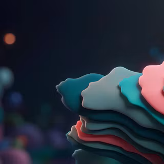 Dark Pastel Layered Waves - A smooth 3D abstract render featuring stacked organic layers in dark teal, mint green, and coral pink, set against a dark background with softly bokeh-blurred colorful shapes.