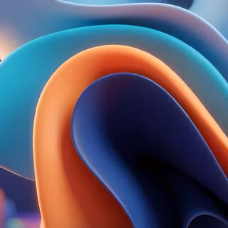 Vibrant Teal & Orange Abstract Folds - A smooth 3D digital artwork featuring sweeping, fluid ribbons in vibrant teal, royal blue, and warm orange, with soft backlighting creating depth against a blurred background.