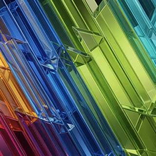 Rainbow Glass Crystals - A 3D render of sharp, translucent geometric crystal pillars arranged diagonally in a spectrum of magenta, orange, sapphire blue, lime green, and cyan.