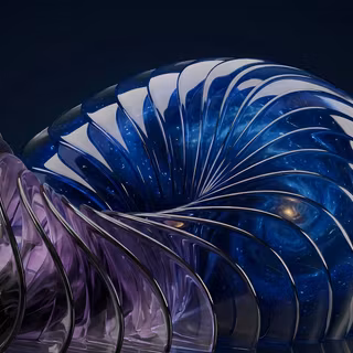 Cosmic Glass Nautilus - A mesmerizing 3D abstract render of an intricate, translucent glass nautilus shell structure shimmering in deep sapphire blue and purple, encapsulating a detailed spiral galaxy, Saturn, and floating cosmic planets against a starry dark space background.