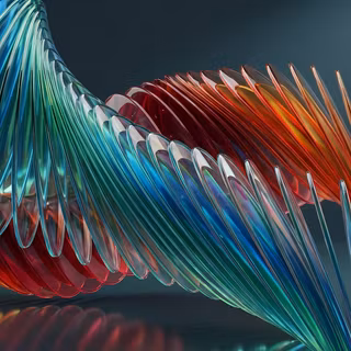 Translucent Glass Helix Waves - A high-detail 3D abstract artwork featuring clear, glass-like overlapping fins spiraling in a fluid helix, reflecting vibrant gradients of sapphire blue, emerald green, ruby red, and amber gold against a dark studio backdrop.
