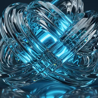 Glowing Cyan Glass Knot - A high-tech 3D abstract artwork featuring intricate intertwined clear glass torus rings surrounding a glowing cyan energy core, reflecting on a dark metallic surface.