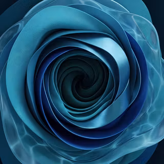 Ocean Blue Fabric & Liquid Rose Bloom - A top-down 3D abstract artwork featuring an intricate spiral rose arrangement with textured cyan fabric petals, deep blue satin folds, and outer fluid liquid glass ripples set against a dark background.