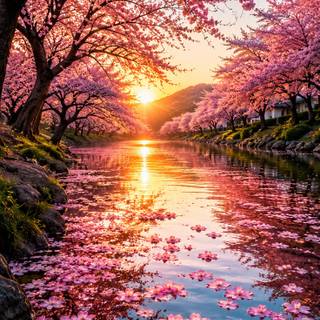 cherry blossom fallen into the water and a sunset