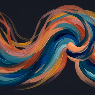 Dark Acrylic Brushstroke Flow - A rich, textured digital painting featuring sweeping waves of impasto oil and acrylic paint strokes in teal, muted salmon, ochre yellow, and navy blue swirling across a dark slate canvas.