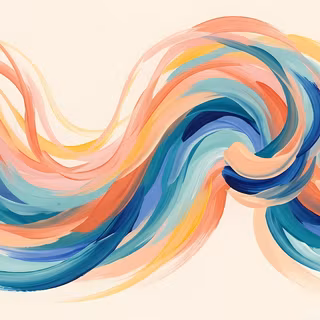 Pastel Brushstroke Flow - A bright, expressive digital painting showcasing sweeping, fluid oil and acrylic paint strokes in pastel coral, warm peach, soft yellow, teal, and royal blue weaving across a warm off-white textured canvas.