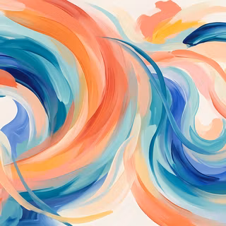 Vibrant Swirling Acrylic Waves - A dynamic digital painting featuring large, energetic loops of impasto oil and acrylic brushstrokes in vibrant coral orange, soft peach, rich cobalt blue, turquoise, and buttery yellow dancing across a bright canvas.
