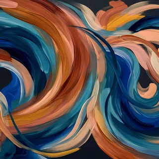 Dark Swirling Acrylic Painterly Motion - A moody, textured digital artwork featuring expressive, layered oil brushstrokes in terracotta orange, deep teal, sapphire blue, ochre yellow, and soft nude peach swirling dramatically against a dark charcoal canvas.