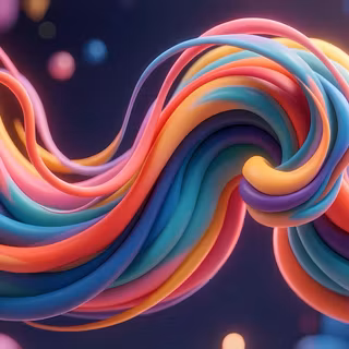 Vibrant 3D Clay Ribbon Wave - A playful and colorful 3D abstract artwork featuring smooth, flowing plasticine-like ribbons swirling in bright bubblegum pink, pastel orange, cyan, yellow, and deep purple set against a dark starry background with soft bokeh highlights.