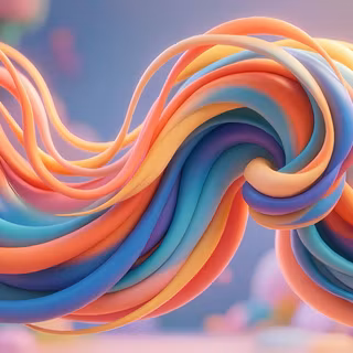 Pastel 3D Clay Ribbon Wave - A bright and playful 3D abstract render showcasing smooth, twisting plasticine ribbons in pastel coral, butter yellow, sky blue, peach, and lavender weaving dynamically across a light, soft-focus dreamscape.