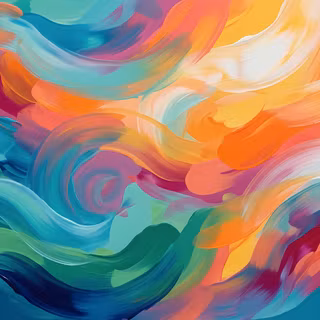 Vibrant Swirling Expressionist Canvas - A full-frame digital abstract painting featuring dynamic, thick impasto brushstrokes in vivid cyan, warm sunset orange, magenta, golden yellow, and deep teal sweeping together in a radiant, expressive motion.