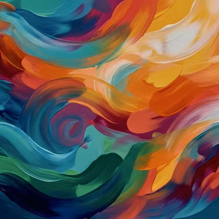 Dark Vivid Impressionist Brushstrokes - A rich and expressive digital abstract painting featuring bold, sweeping impasto oil and acrylic strokes in fiery orange, golden yellow, deep teal, emerald green, and crimson red swirling against a dark, moody background.