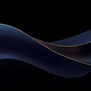 Dark Navy Textured Wave with Gold Trim - A sleek, luxury 3D abstract artwork featuring sweeping fluid waves in dark navy blue textured fabric or leather, highlighted by refined polished gold metallic edges set against a pitch-black background.