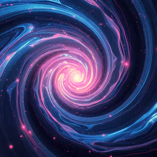 Cosmic Fluid Spiral Vortex - A vibrant 3D abstract artwork featuring a hypnotic liquid galaxy vortex, swirling in neon pink, glowing magenta, and electric blue liquid paint ribbons toward a glowing core on a deep space black canvas with speckles of stardust.