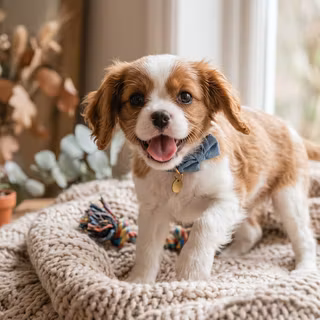Cute Cavalier King Charles Spaniel Puppy - A charming, high-resolution portrait of an adorable chestnut and white puppy wearing a denim bow tie, standing happily on a cozy knitted blanket in a warm, brightly lit room near a window.