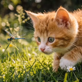 Curious Kitten and Dragonfly in the Grass - A charming macro photography shot capturing an adorable ginger tabby kitten attentively stalking a iridescent blue dragonfly perched on a blade of grass in a sunlit lawn with soft bokeh.