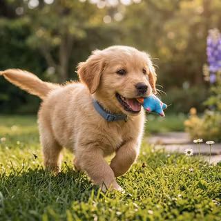 Playful Golden Retriever Puppy in Garden - A joyful outdoor photograph capturing a fluffy golden retriever puppy wearing a light blue collar, happily trotting across a sunlit green lawn while holding a colorful squeaky toy in its mouth.