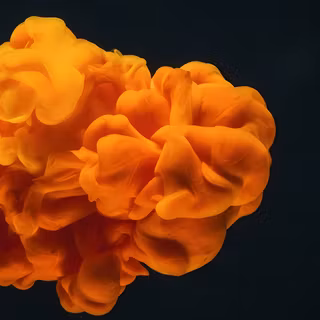 Golden Amber Ink in Water Cloud - A striking high-speed macro photograph featuring a dense, billowy cloud of rich amber and bright orange ink expanding gracefully against a pitch-black background.