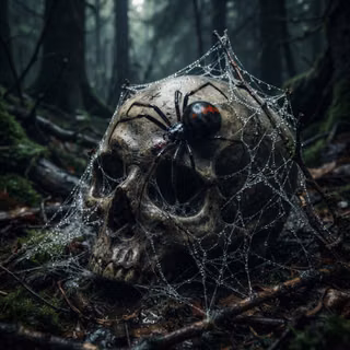 Large Black Widow Spider creates a Web around a Skull