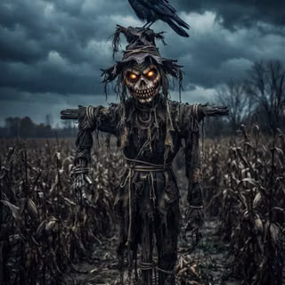 Crow perched on a terrifying looking Scarecrow