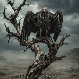 Vulture perched on a terrifying decaying tree surrounded by eerie Wasteland