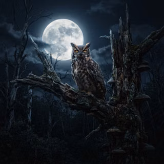 Great Horned Owl perched on terrifying decaying tree with Full Moon