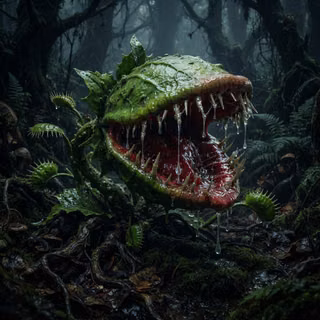 Large Terrifying Venus Fly Trap with saliva dripping from it’s mouth and razor sharp teeth