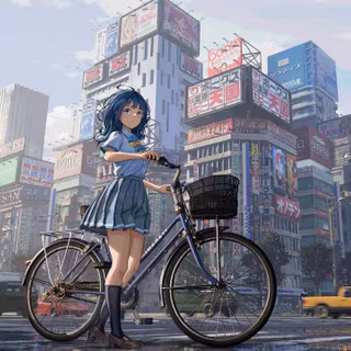 The Schoolgirl With Bike In The Neon Akihabara Cityscape