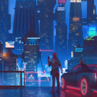 Futuristic Rooftop Scene With The Glowing Sports Car And Skyscrapers