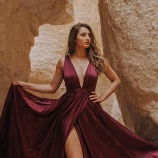Burgundy Dress Model Looking Away