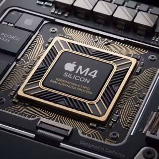 Apple M4 Silicon Chip Circuit Board - A ultra-detailed 3D technical macro rendering of an Apple M4 Silicon processor with gold-plated circuit traces, LPDDR5X RAM modules, surface-mount components, and sleek matte black hardware casing.
