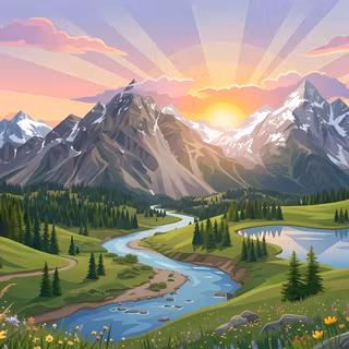 Alpine Sunrise River Valley - A stylized vector digital illustration depicting a glowing sun rising over snow-capped mountain peaks, casting warm light rays across a lush green valley with a winding river, alpine lake, pine forests, and vibrant foreground wildflowers.