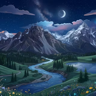 Starry Night Alpine River Valley - A moody vector digital illustration of snow-peaked mountains illuminated by a crescent moon, Milky Way galaxy, and faint aurora lights, overlooking a dark river valley, alpine lake, pine forest, and glowing fireflies among foreground wildflowers.