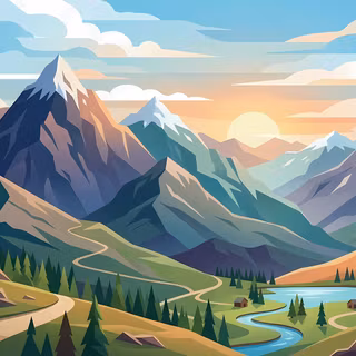Daylight Alpine Valley - A vibrant vector digital illustration showcasing dramatic, sharp mountain peaks under a bright sun and layered sky, overlooking a sunlit valley filled with pine trees, winding dirt paths, small rural cabins, and a calm river flowing into an alpine lake.