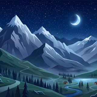 Moonlight Alpine Valley - A serene vector digital illustration featuring sharp, snow-covered mountain peaks under a dense starry night sky and glowing crescent moon, overlooking a misty valley with pine trees, cozy cabins, and a winding river leading to a still lake.