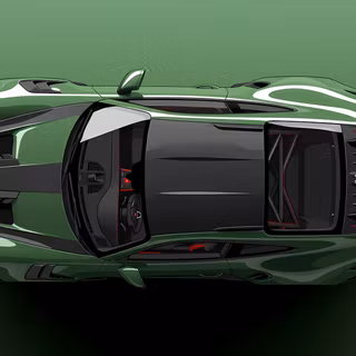 Top-Down Porsche 911 GT3 RS Supercar Illustration - A detailed overhead top-down digital render of a high-performance Porsche 911 GT3 RS featuring signature exposed carbon fiber bonnet stripes, carbon roof, visible interior roll cage, and large rear wing GT spoiler.