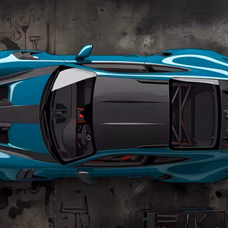 Top-Down Porsche 911 GT3 RS Supercar Illustration - A detailed overhead top-down digital render of a high-performance Porsche 911 GT3 RS featuring signature exposed carbon fiber bonnet stripes, carbon roof, visible interior roll cage, and large rear wing GT spoiler.