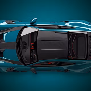Top-Down Porsche 911 GT3 RS Supercar Illustration - A detailed overhead top-down digital render of a high-performance Porsche 911 GT3 RS featuring signature exposed carbon fiber bonnet stripes, carbon roof, visible interior roll cage, and large rear wing GT spoiler.