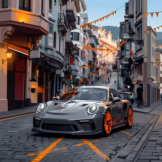 Porsche 911 GT3 RS in European City Street - A vector-style digital illustration featuring a gunmetal grey Porsche 911 GT3 with bright orange wheels parked on a cobblestone street, framed by classic European architecture and festive orange bunting flags overhead.