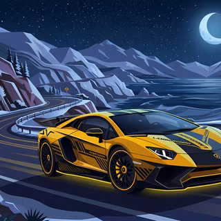 Night Drive Lamborghini Aventador SV - A sleek vector illustration featuring a vibrant yellow Lamborghini Aventador SV with black racing graphics cruising along a winding coastal mountain road under a moonlit starry night sky, set against snowy peaks and an ocean bay.