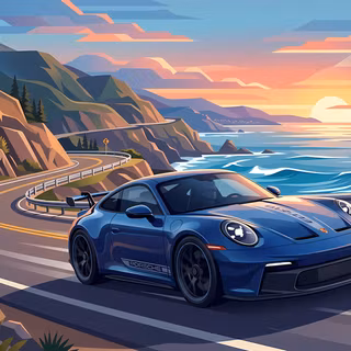 Sunset Drive Porsche 911 GT3 - A vibrant vector digital illustration of a metallic blue Porsche 911 GT3 cruising along a scenic coastal highway at sunset, with golden warm light reflecting off the ocean waves, pine trees, and cliffside roads.