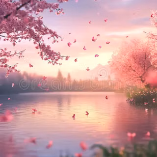 Stunning Cherry Blossom Lake Sunset Peaceful Nature Wallpaper Stock Illustration - Illustration of floral, calm: 381911423