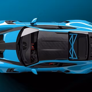 Top-Down Porsche 911 GT3 RS Supercar Illustration - A detailed overhead top-down digital render of a high-performance Porsche 911 GT3 RS featuring signature exposed carbon fiber bonnet stripes, carbon roof, visible interior roll cage, and large rear wing GT spoiler.