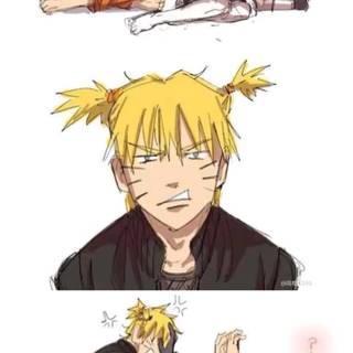 Sakura decides to put Naruto's hair into two pigtails.