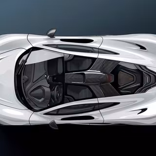 Top-Down McLaren P1 Hypercar Illustration - A sleek, overhead vector-style digital rendering of the iconic McLaren P1 hypercar, showcasing its aerodynamic curves, glass canopy, carbon fiber engine bay detail, and distinctive rear wing set against a smooth gradient background.