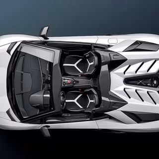 Top-Down White Lamborghini Aventador SVJ Roadster Illustration - A detailed overhead top-down digital rendering of a pristine white Lamborghini Aventador SVJ Roadster, showcasing its open-cockpit interior with Y-shaped sport bucket seats, aggressive rear engine louver bonnet, carbon fiber aerodynamic wing, and central fin set against a dark gradient backdrop.