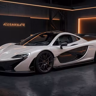 Pearl White McLaren P1 in Dark Showroom Studio - A realistic 3D render of a pearl white McLaren P1 hypercar parked in a sleek dark garage studio, lit by warm orange overhead neon lights and highlighted by carbon fiber body accents, rear spoiler, and illuminated McLaren logo wall signage.