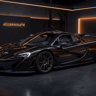 Onyx Black McLaren P1 in Dark Showroom Studio - A realistic 3D render of a glossy onyx black McLaren P1 hypercar parked in a sleek dark garage studio, lit by warm orange overhead neon lights and highlighted by carbon fiber body accents, rear spoiler, and illuminated McLaren logo wall signage.