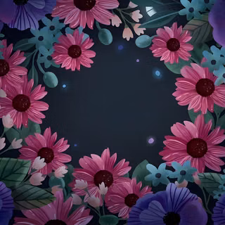 Dark Floral Moonlit Garden - An enchanting digital painterly artwork featuring a circular frame of vibrant pink daisies, deep violet poppies, and teal forget-me-nots set against a moody dark background illuminated by soft glowing orbs and subtle moonlight.